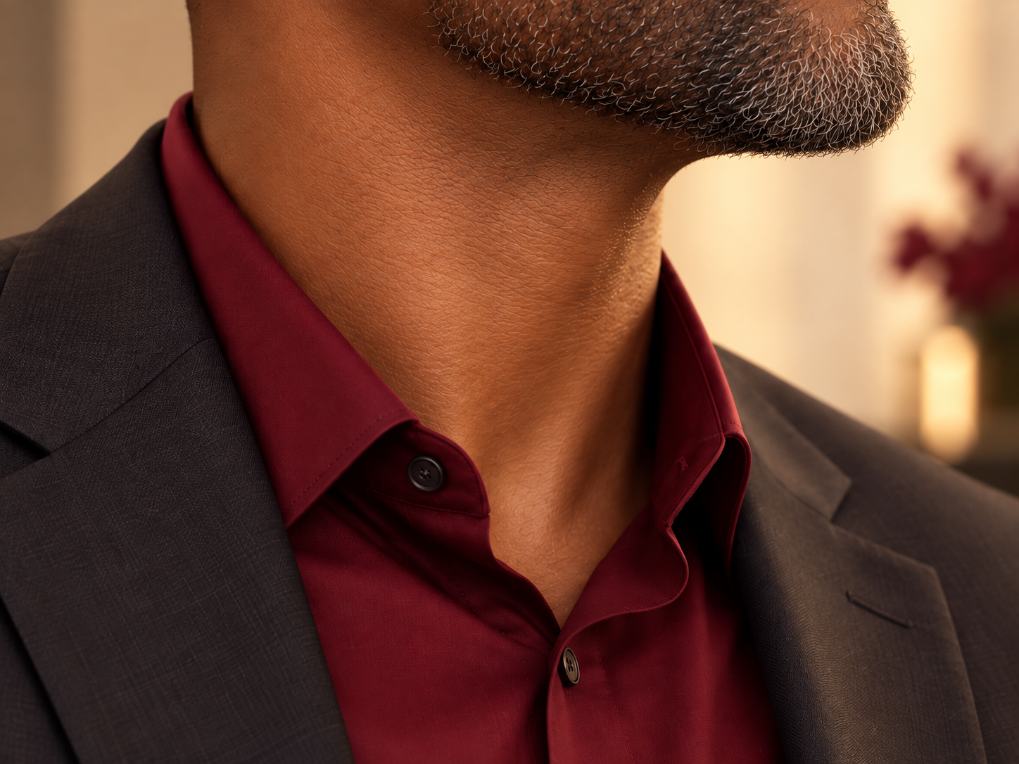 Editorial close detail of a smooth hydrated jawline and neck with burgundy tailoring