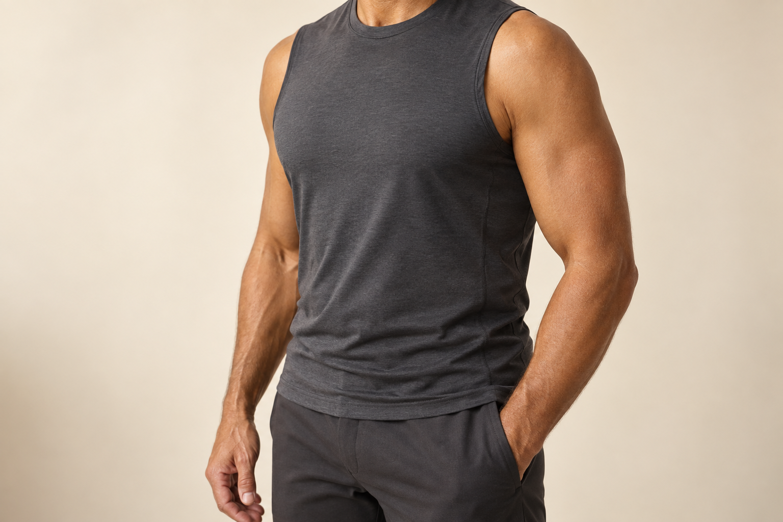 Editorial close crop of a clothed man in a charcoal top